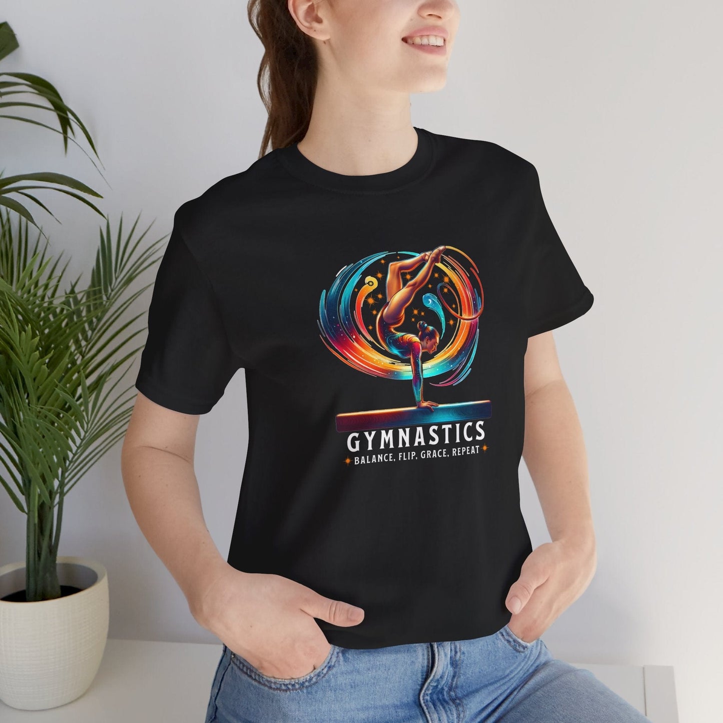 Cosmic Gymnastics Tee – Balance Beam T-Shirt with Balance, Flip, Grace, Repeat