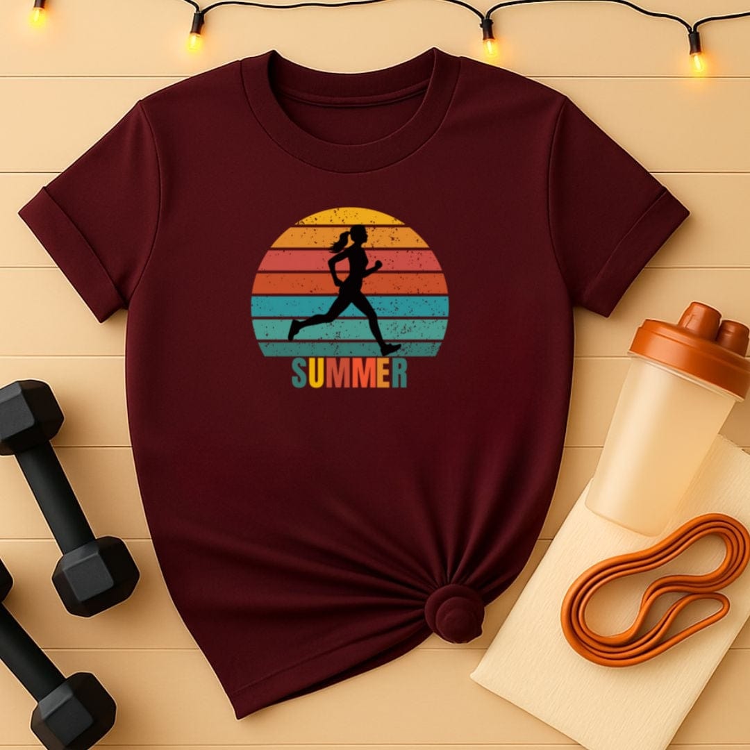 Vintage Sunset Summer Jogger T-Shirt – Retro Female Running Tee