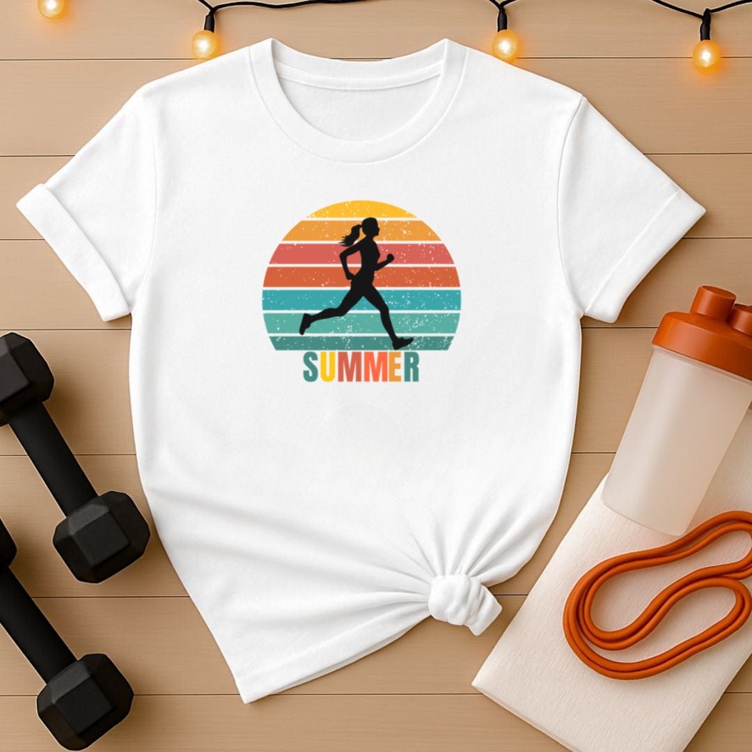 Vintage Sunset Summer Jogger T-Shirt – Retro Female Running Tee