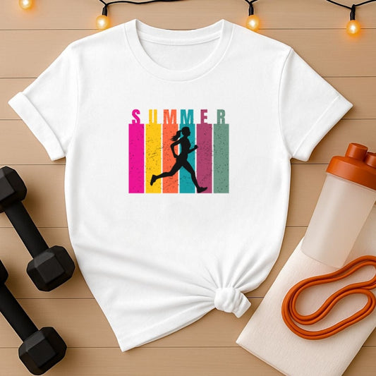 Colorful Summer Runner T-Shirt - Vintage Distressed Female Jogger Tee