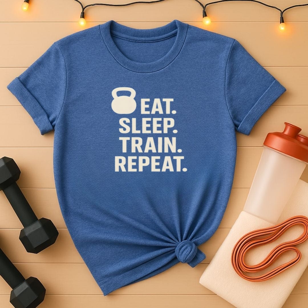 Eat Sleep Train Repeat T-Shirt - Kettlebell Edition Gym Tee for Hardcore Lifters