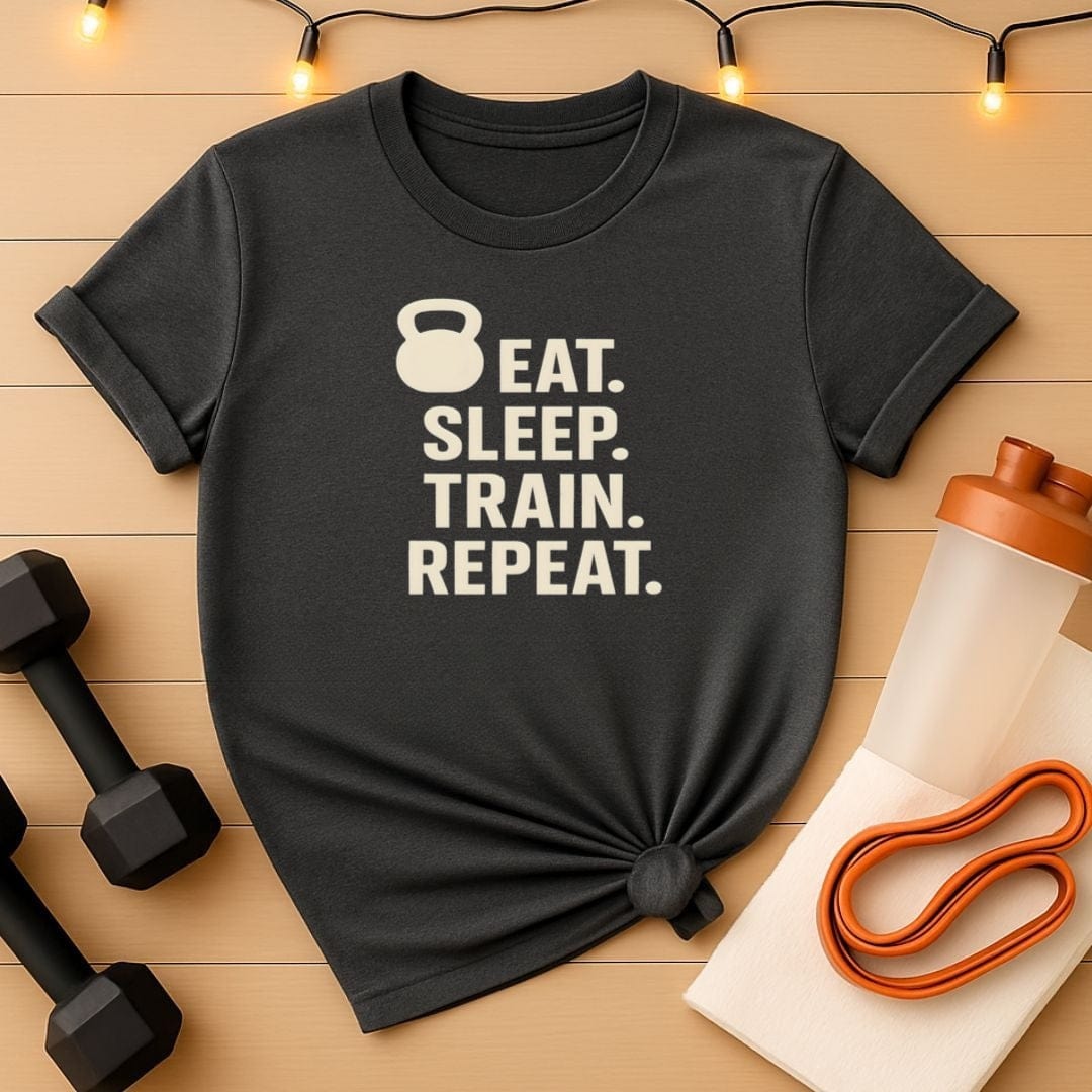 Eat Sleep Train Repeat T-Shirt - Kettlebell Edition Gym Tee for Hardcore Lifters