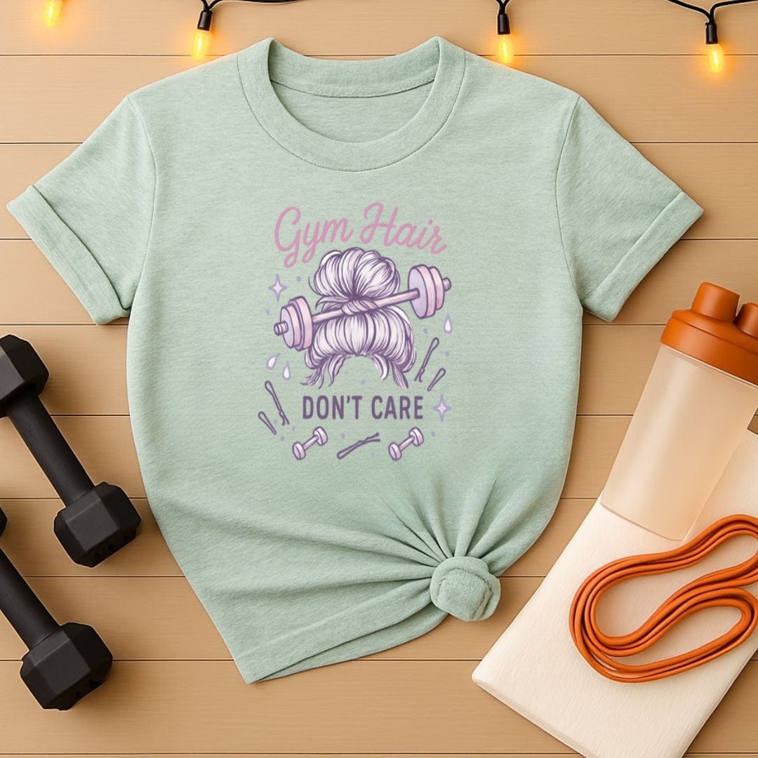 Gym Hair Don't Care T-Shirt - Messy Bun Workout Tee for Women