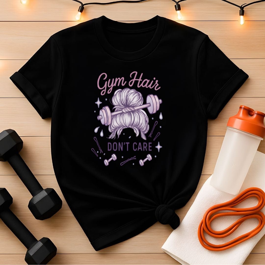 Gym Hair Don't Care T-Shirt - Messy Bun Workout Tee for Women