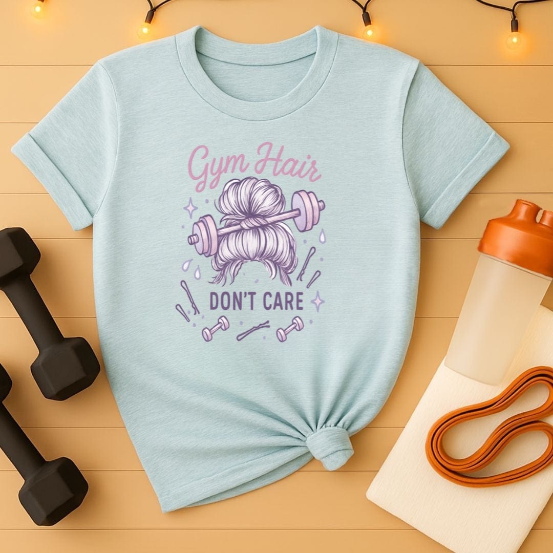 Gym Hair Don't Care T-Shirt - Messy Bun Workout Tee for Women