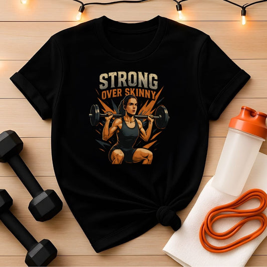 Strong Over Skinny Tee - Barbell Squat Motivational Women's Gym T-Shirt