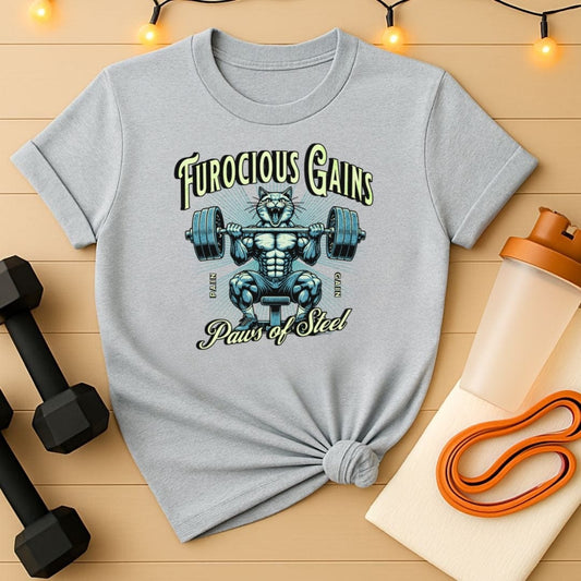 Furocious Gains Paws of Steel Cat Lifting Weights T-Shirt