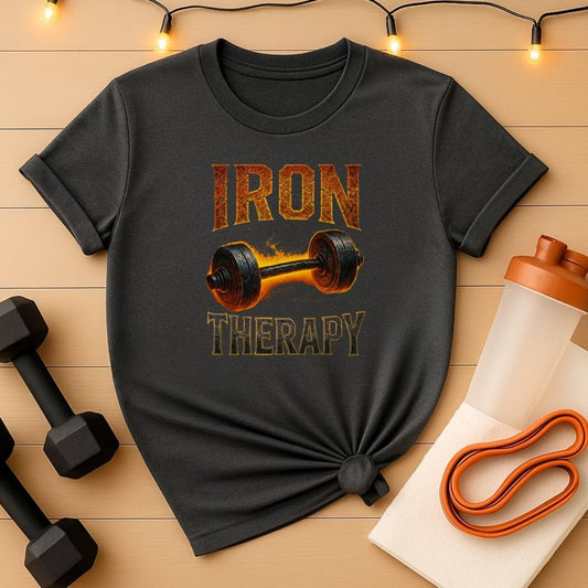 Iron Therapy – Flaming Barbell Edition Strength Training Tee