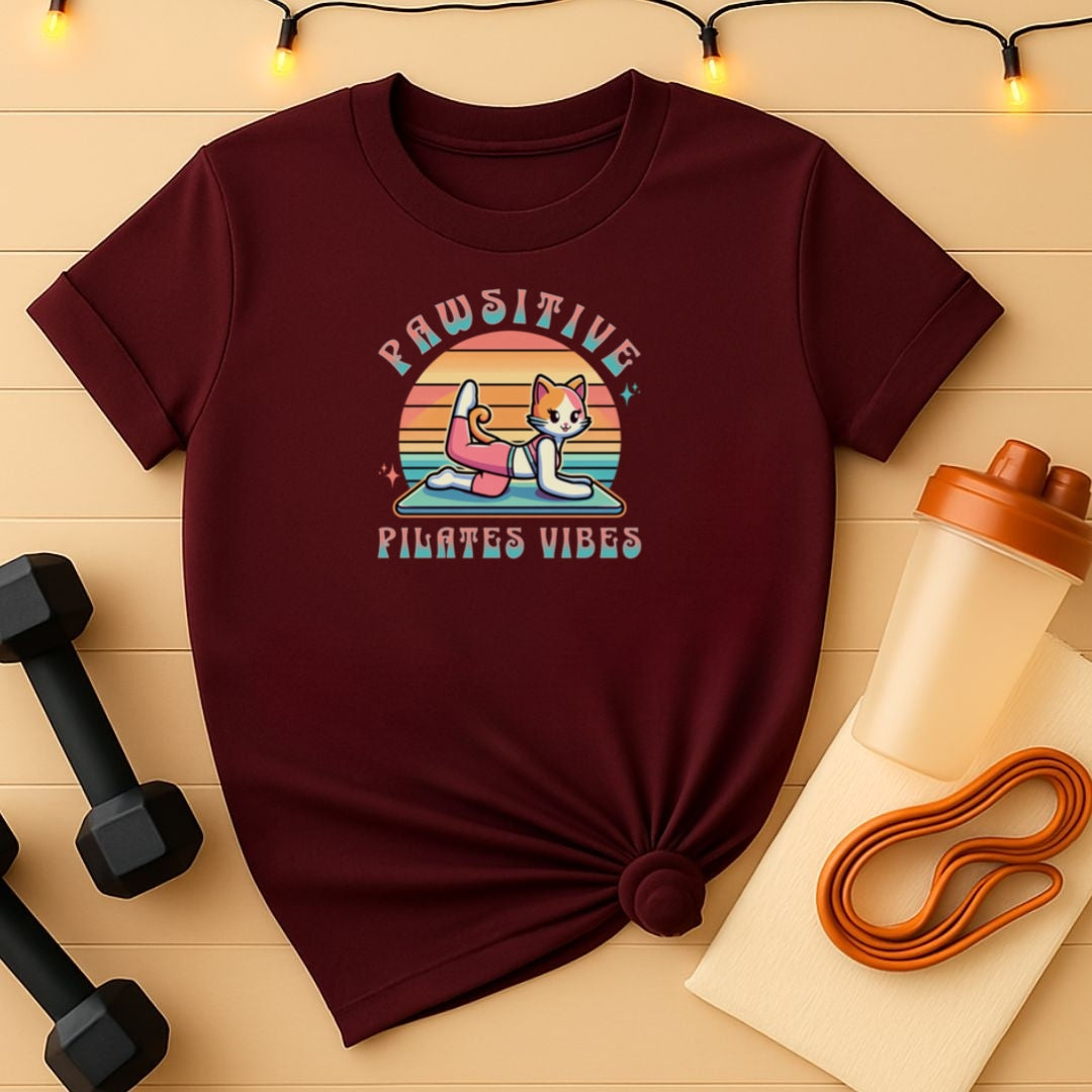 Pawsitive Pilates Vibes Cat T-Shirt – Retro Cute Tee