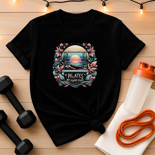 Pilates Is My Happy Place T-Shirt – Floral Reformer Sunset
