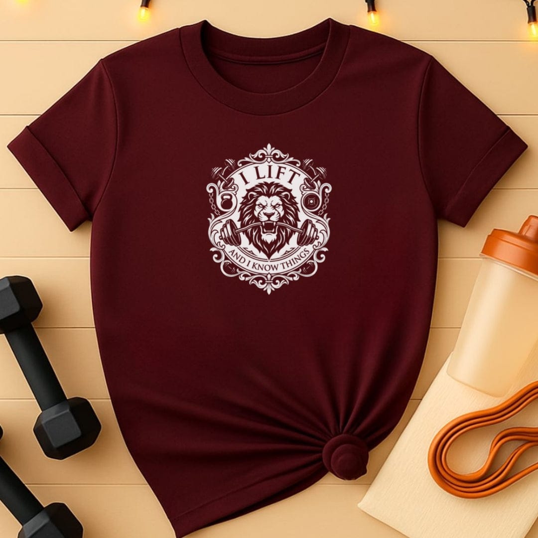 I Lift and I Know Things T-Shirt - (Lion Gym Crest Edition)