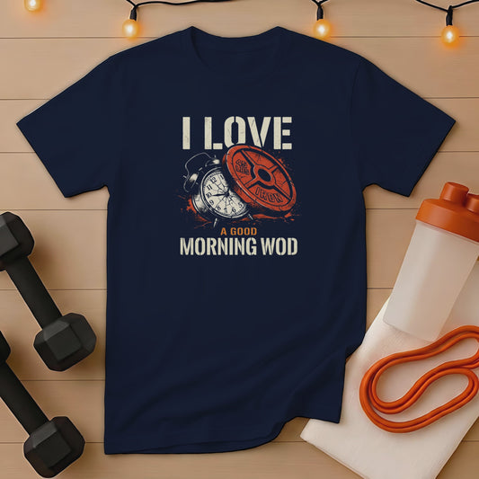 Navy t-shirt with "I LOVE A GOOD MORNING WOD" text and workout graphics.