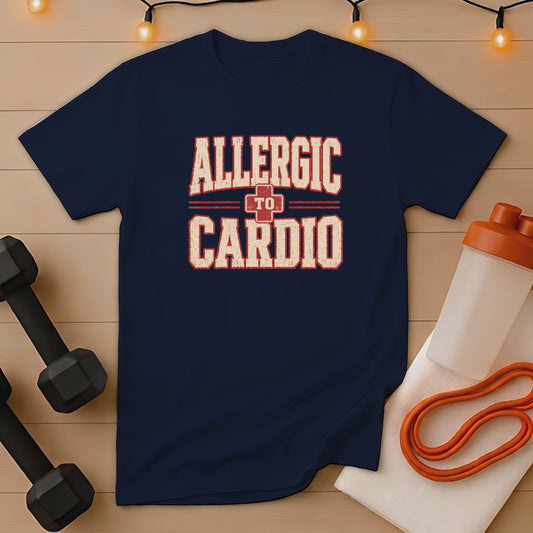 Navy t-shirt with "Allergic to Cardio" text and fitness accessories.