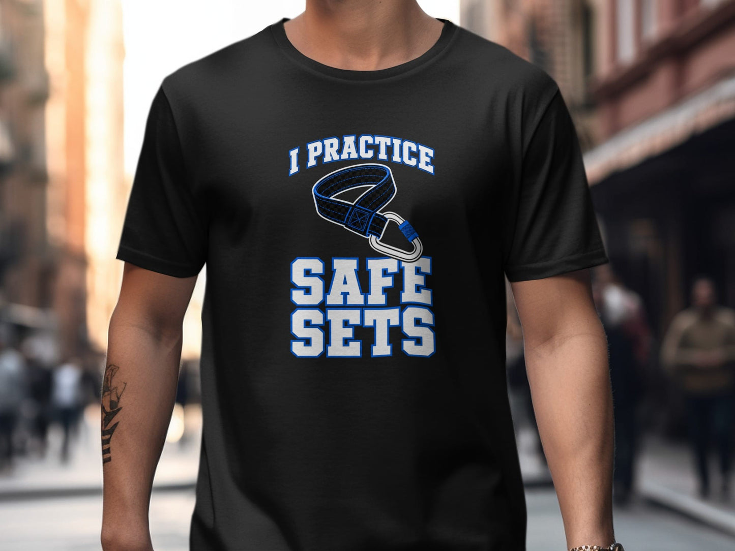 Black t-shirt with "I PRACTICE SAFE SETS" text and weightlifting belt graphic.