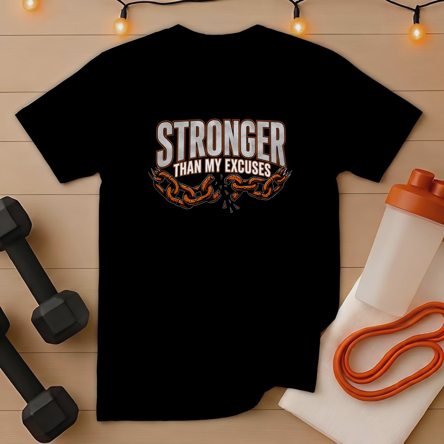 Black t-shirt with "STRONGER THAN MY EXCUSES" text and broken chain graphic.