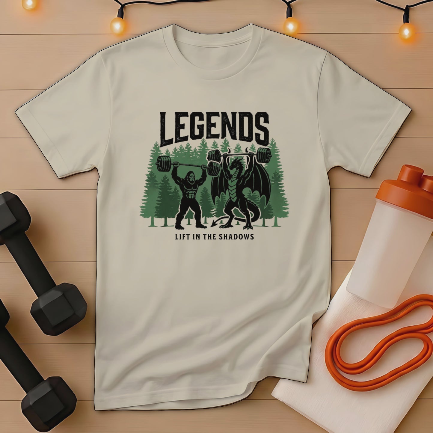 T-shirt with Bigfoot and dragon lifting weights in a forest with text.