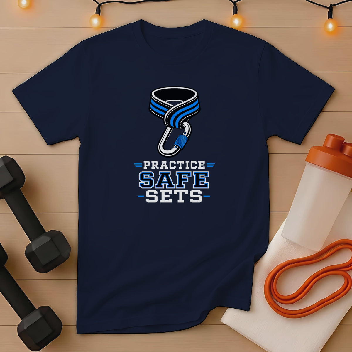 Navy t-shirt with carabiner and "PRACTICE SAFE SETS" graphic.