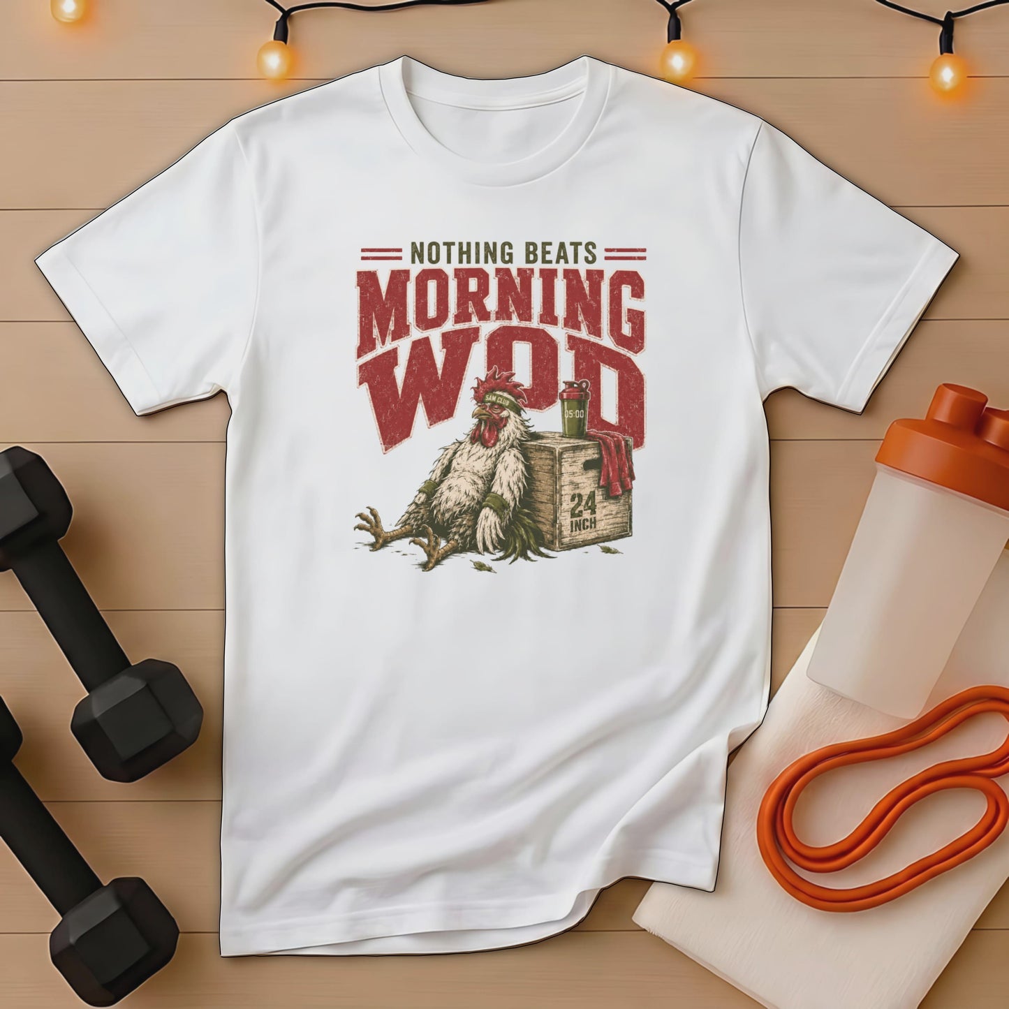 White t-shirt with illustration of tired chicken and text "Nothing Beats Morning WOD."