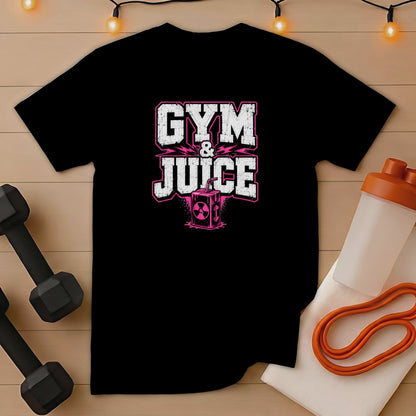 Black t-shirt with "GYM & JUICE" text in distressed pink and white, and a juice box graphic.