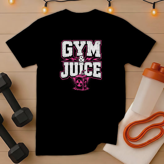 Black t-shirt with "GYM & JUICE" text in distressed pink and white, and a juice box graphic.