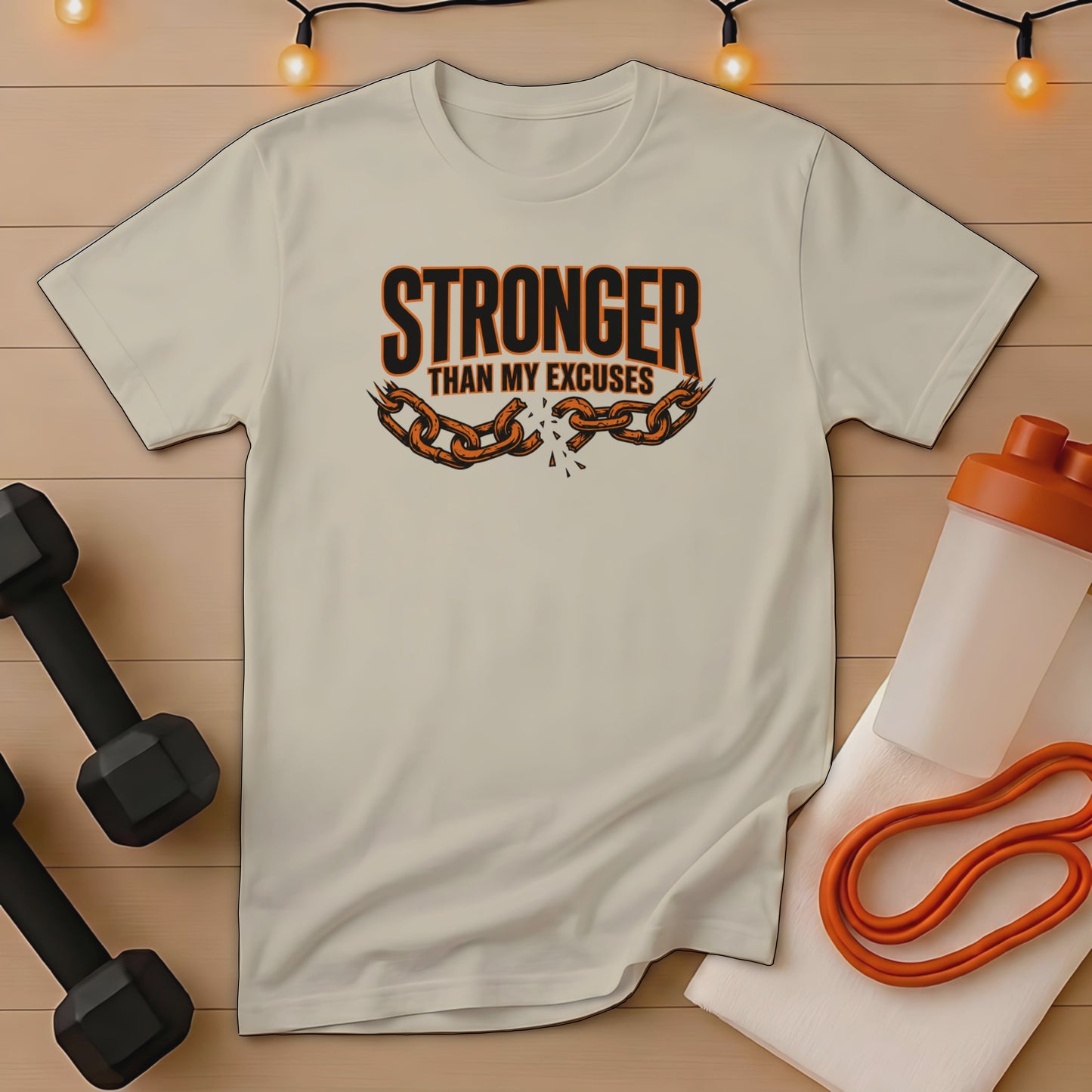 Light beige t-shirt with "Stronger Than My Excuses" chain graphic.