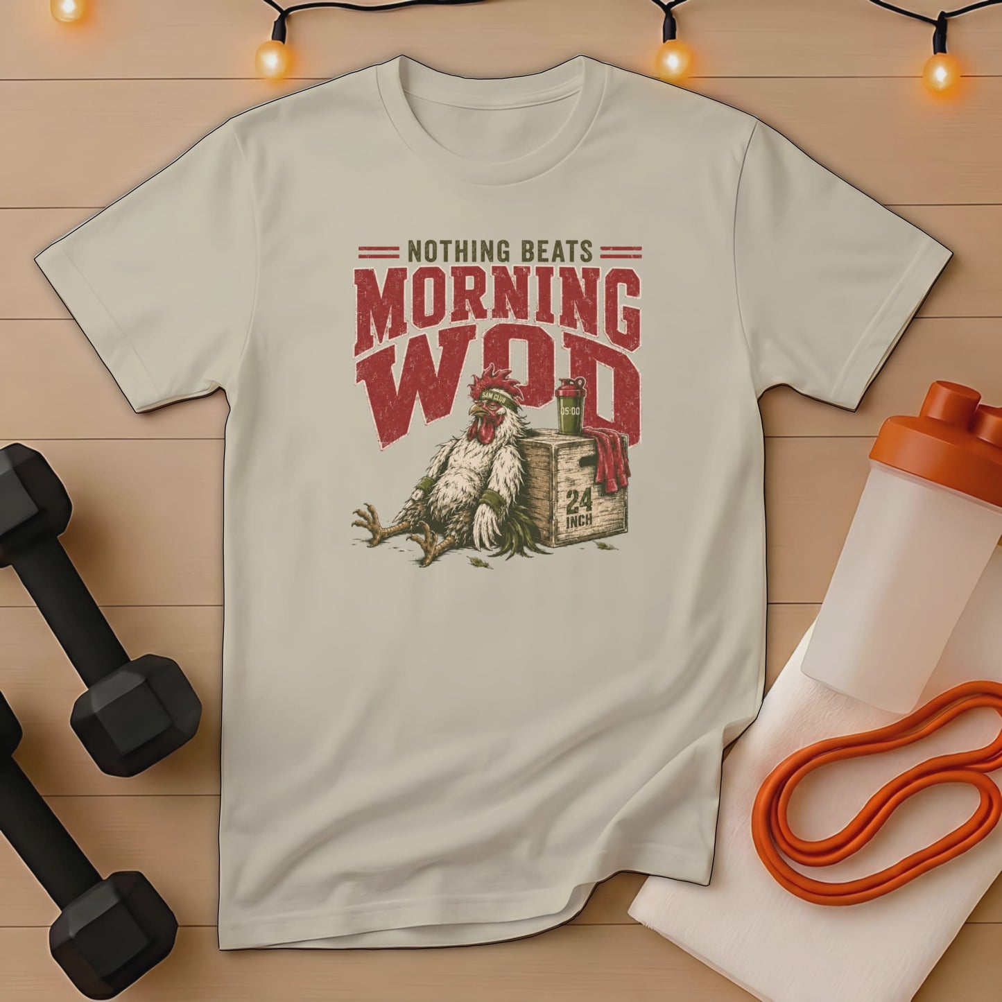 Shirt with distressed "Nothing Beats Morning WOD" text and a tired chicken.