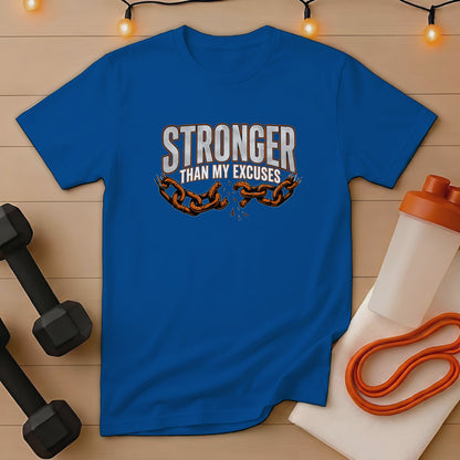 Blue t-shirt with "STRONGER THAN MY EXCUSES" text and broken chain graphic.