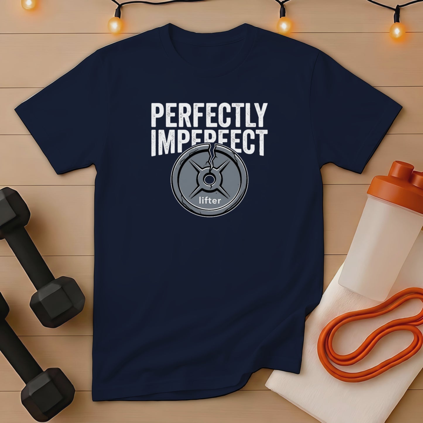 Dark blue t-shirt with "PERFECTLY IMPERFECT LIFTER" text and barbell plate graphic.