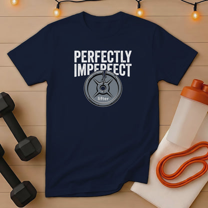 Dark blue t-shirt with "PERFECTLY IMPERFECT LIFTER" text and barbell plate graphic.