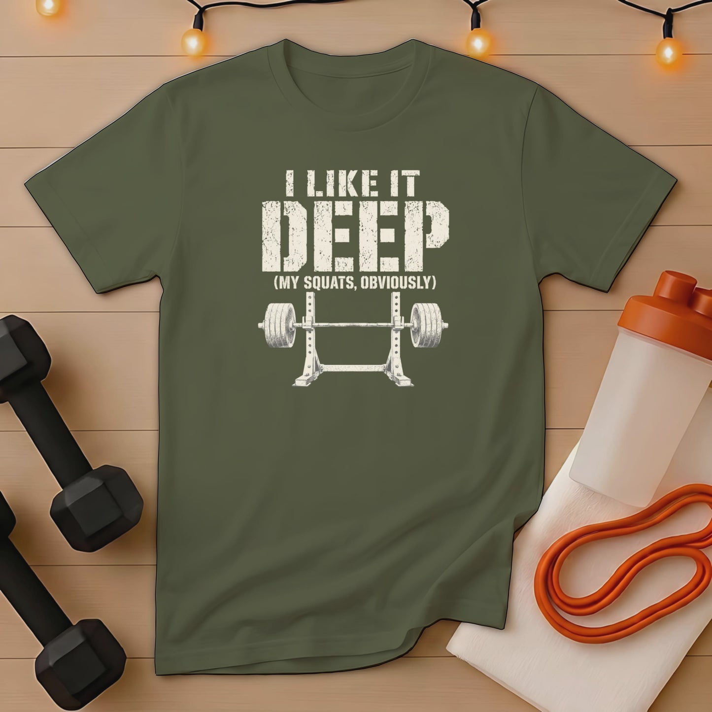 Green t-shirt with "I like it DEEP (MY SQUATS, OBVIOUSLY)" and barbell graphic.