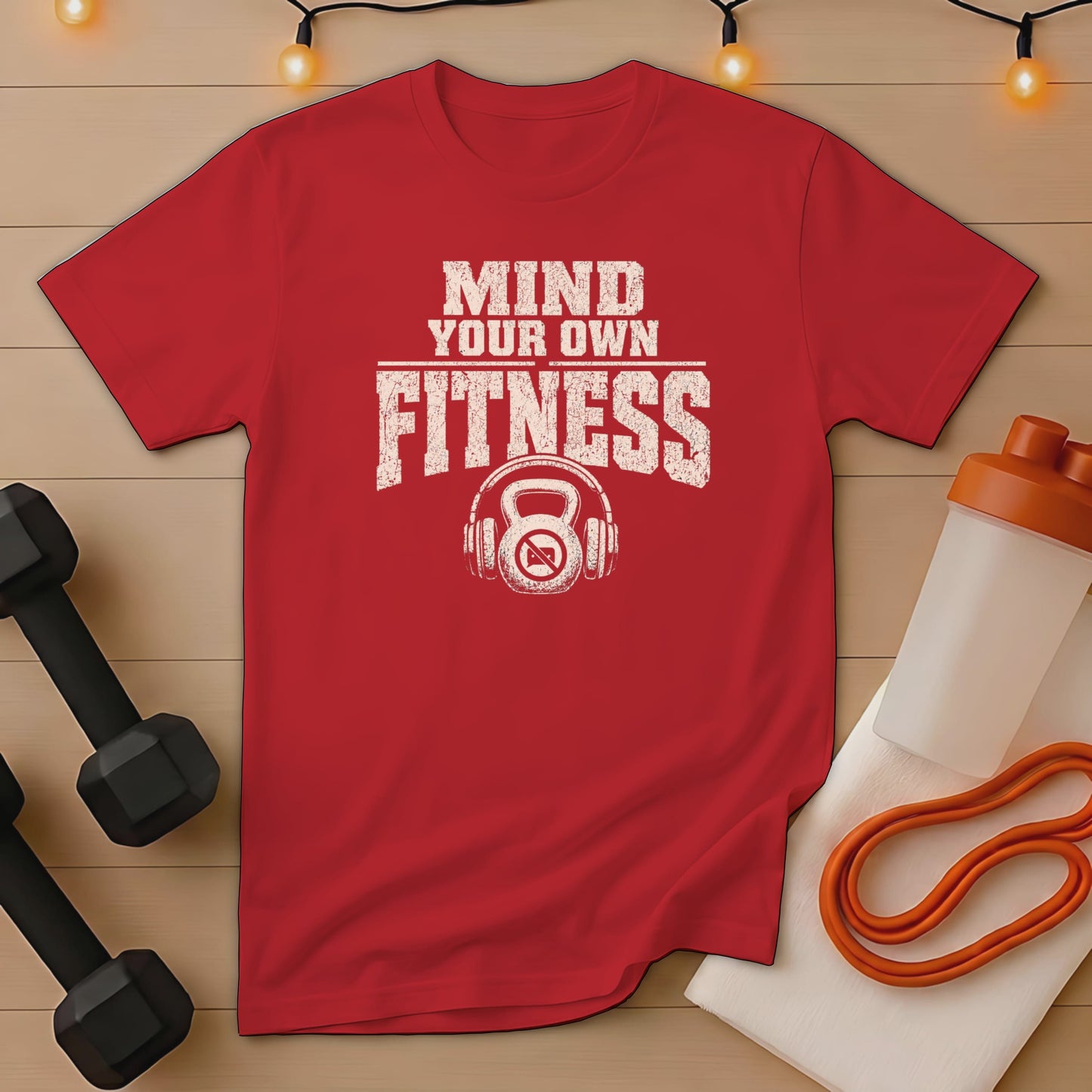 Red t-shirt with "Mind Your Own Fitness" text and kettlebell with headphones graphic.