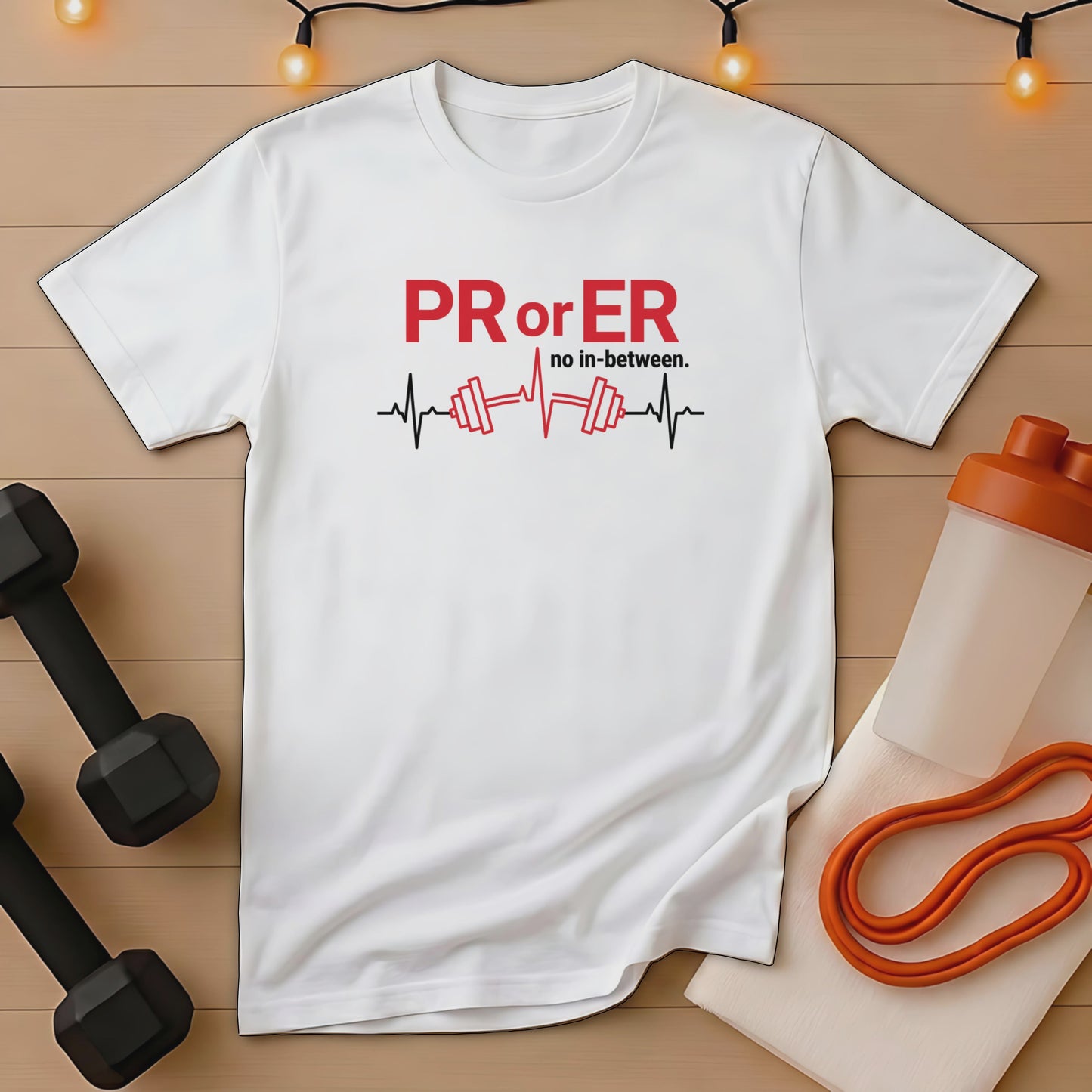 White t-shirt with "PR or ER" text and a heartbeat line graphic.