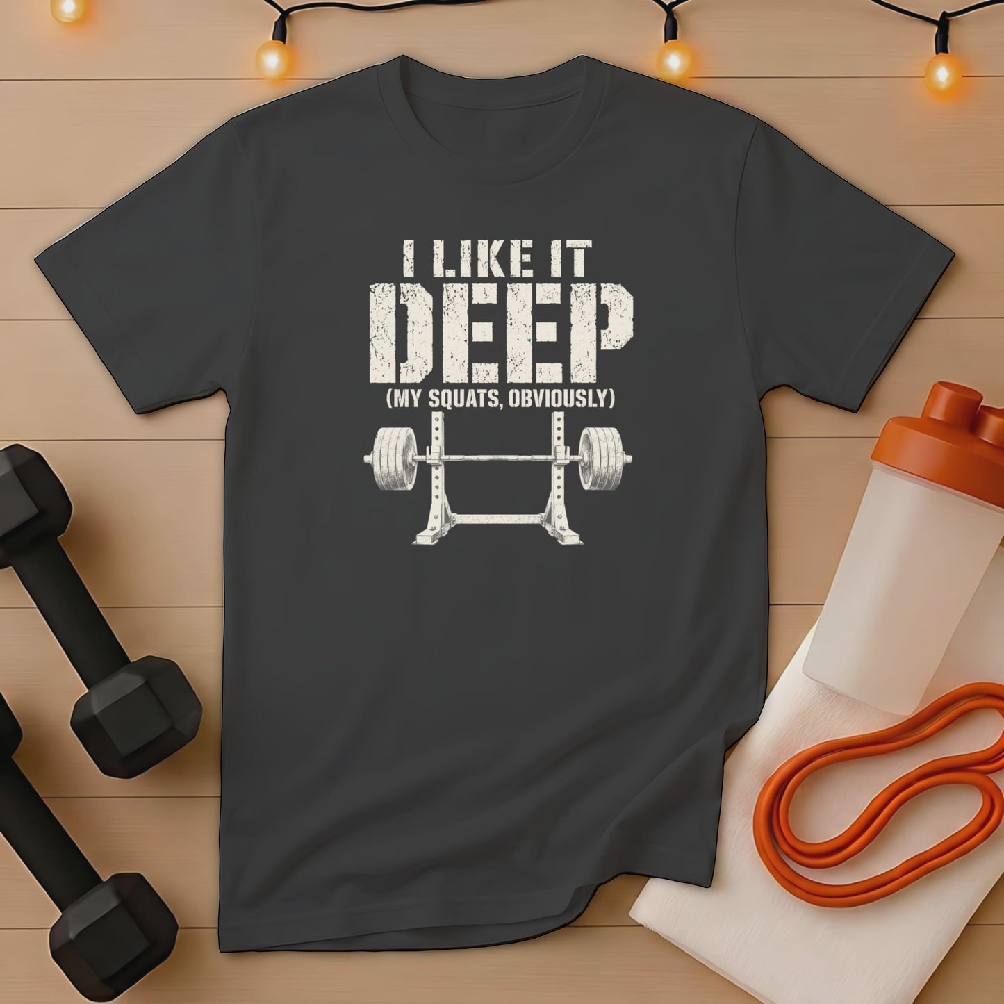 Dark gray t-shirt with text "I LIKE IT DEEP (MY SQUATS, OBVIOUSLY)" and barbell graphic.