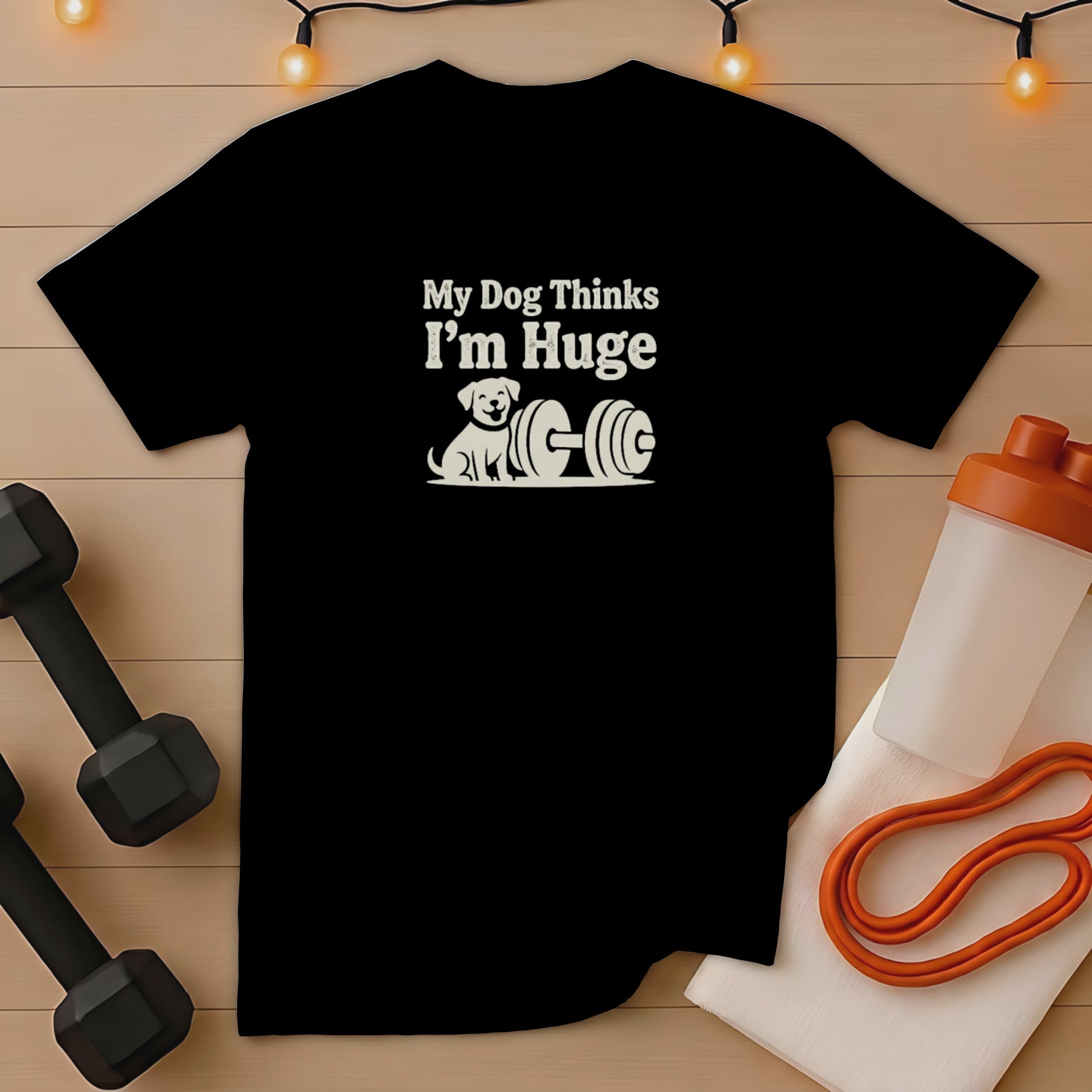 Black t-shirt with "My Dog Thinks I'm Huge" text and dog lifting weights graphic.