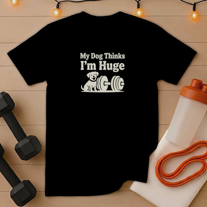 Black t-shirt with "My Dog Thinks I'm Huge" text and dog lifting weights graphic.