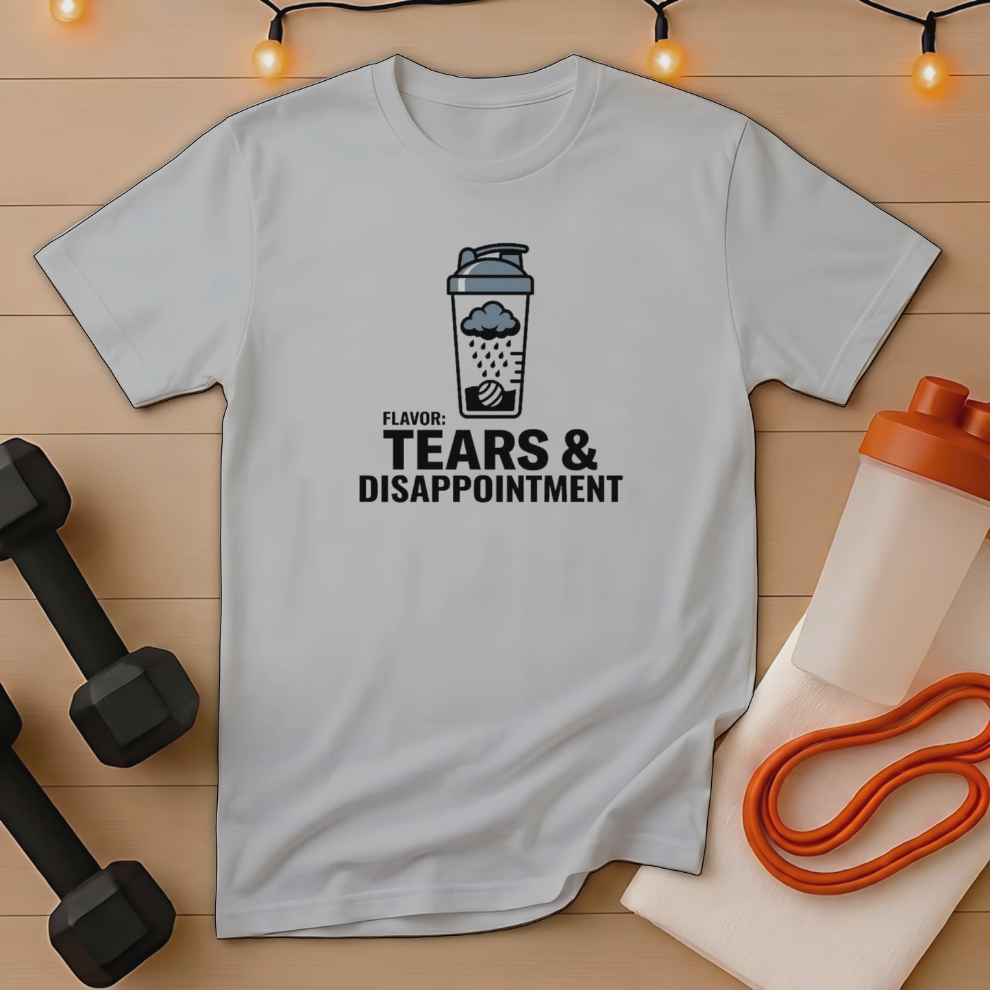 Gray t-shirt with "TEARS & DISAPPOINTMENT" text and a storm cloud.