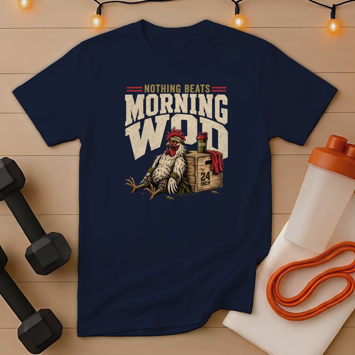 Navy t-shirt with distressed graphic of a rooster next to a plyo box.