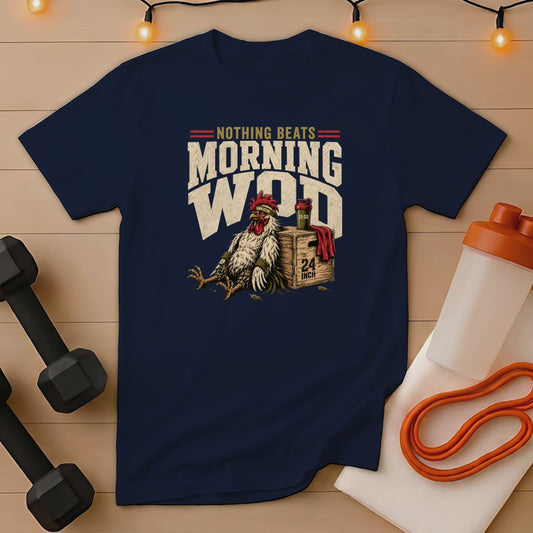 Navy t-shirt with distressed graphic of a rooster next to a plyo box.
