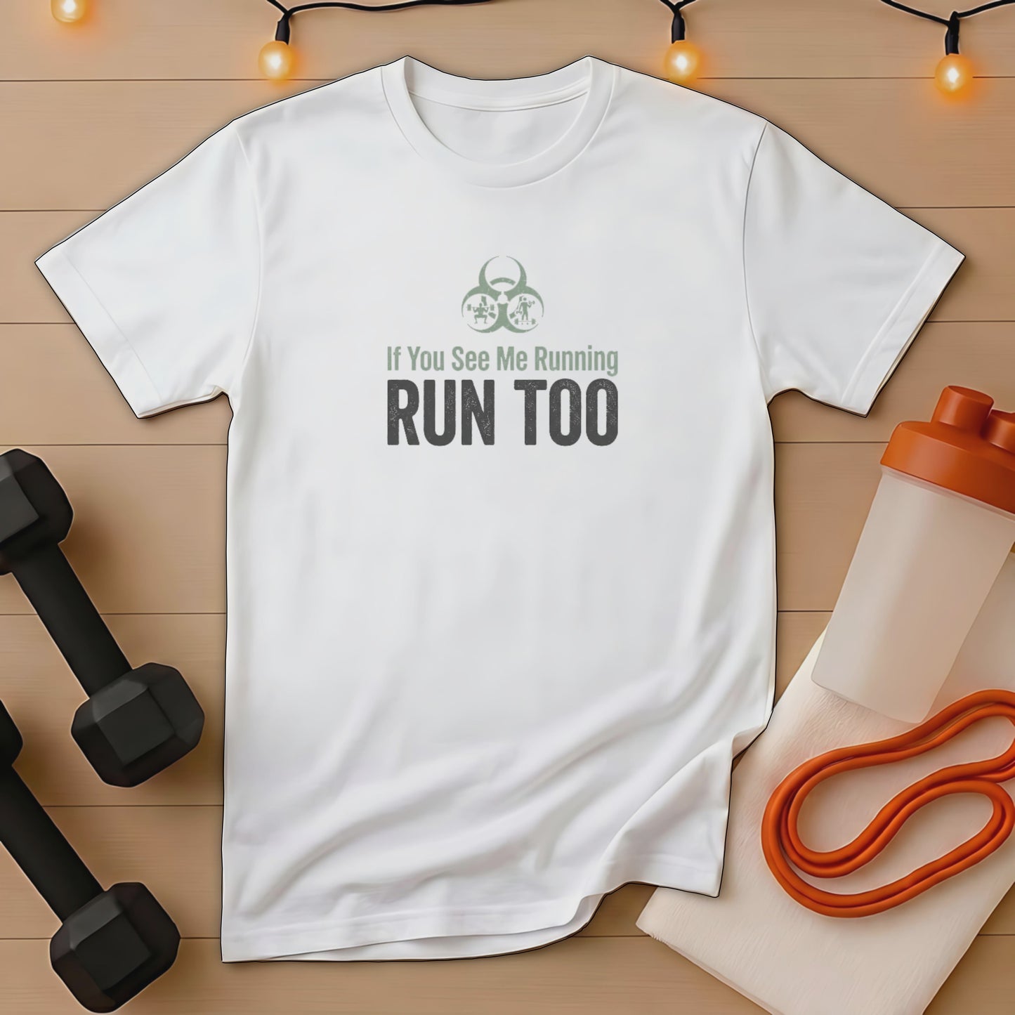 White t-shirt with "If You See Me Running RUN TOO" text and running gear.