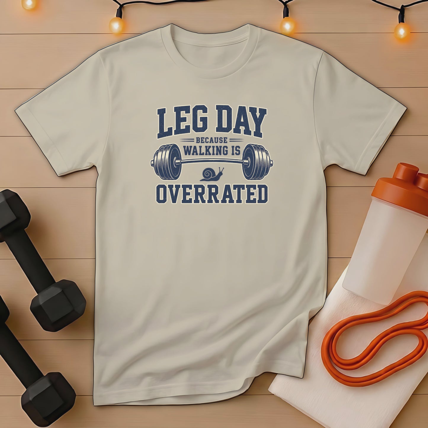 Beige t-shirt with "LEG DAY BECAUSE WALKING IS OVERRATED" barbell and snail graphic.
