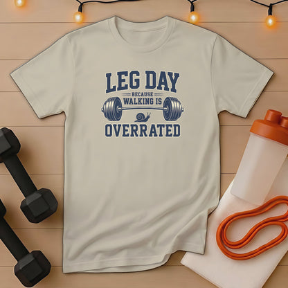 Beige t-shirt with "LEG DAY BECAUSE WALKING IS OVERRATED" barbell and snail graphic.