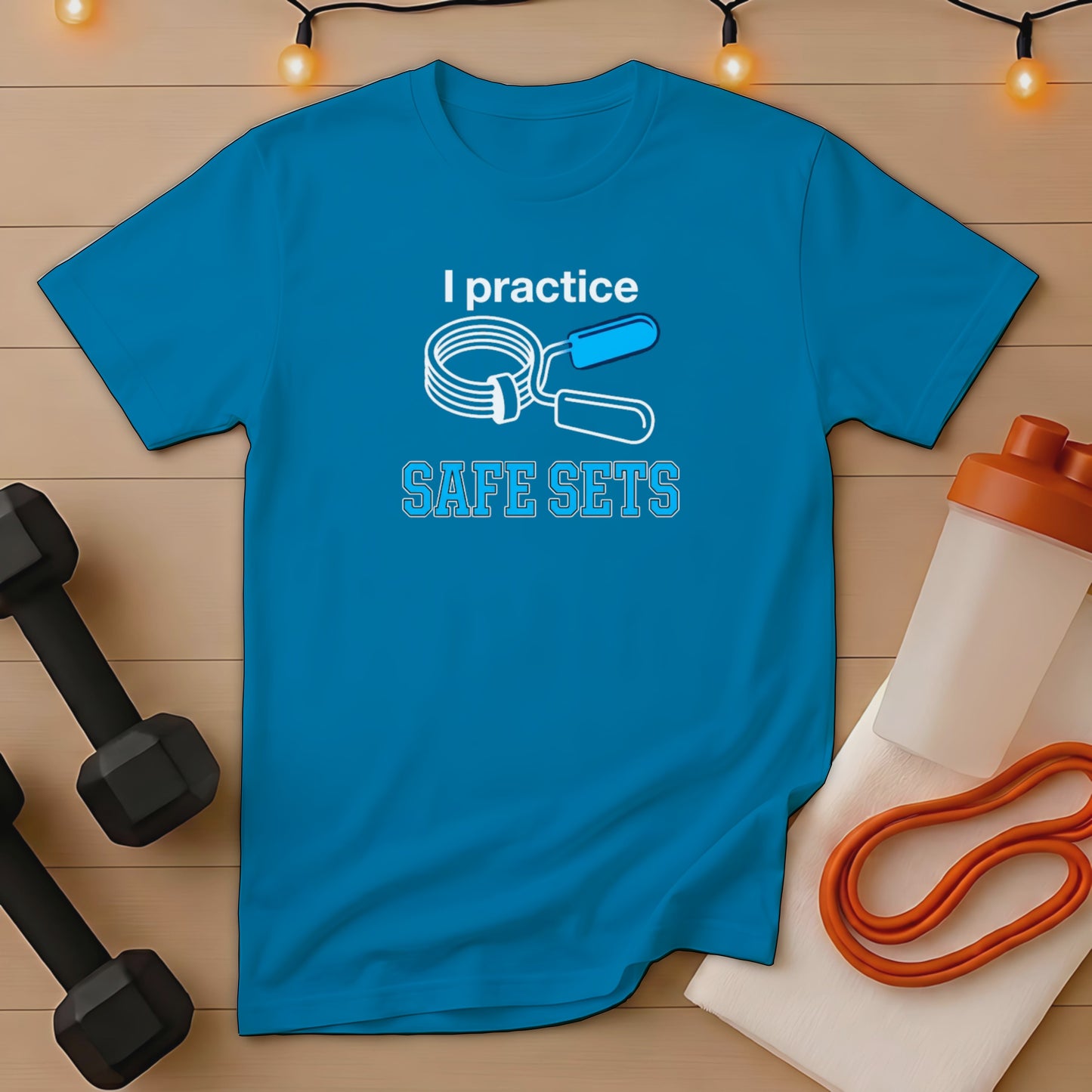 Blue t-shirt with "I practice SAFE SETS" text and jump rope graphic.