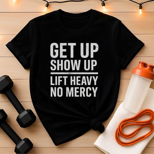 No Mercy Lifting Shirt | Get Up, Show Up, Lift Heavy Tee