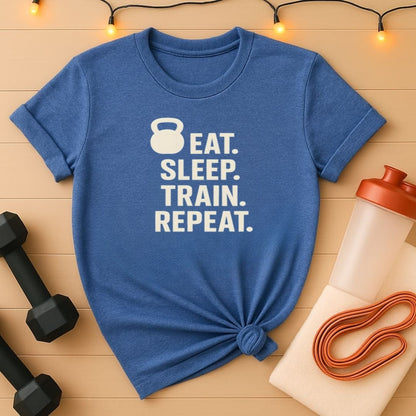 Eat Sleep Train Repeat T-Shirt - Kettlebell Edition Gym Tee for Hardcore Lifters