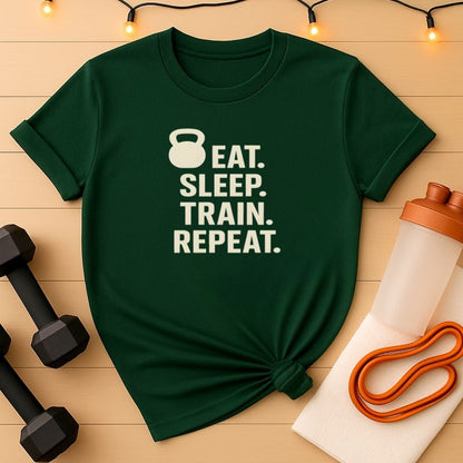 Eat Sleep Train Repeat T-Shirt - Kettlebell Edition Gym Tee for Hardcore Lifters