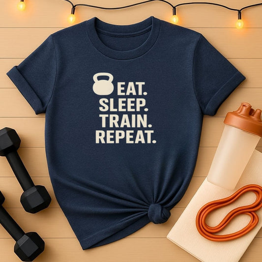 Eat Sleep Train Repeat T-Shirt - Kettlebell Edition Gym Tee for Hardcore Lifters