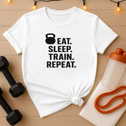 Eat Sleep Train Repeat T-Shirt - Kettlebell Edition Gym Tee for Hardcore Lifters