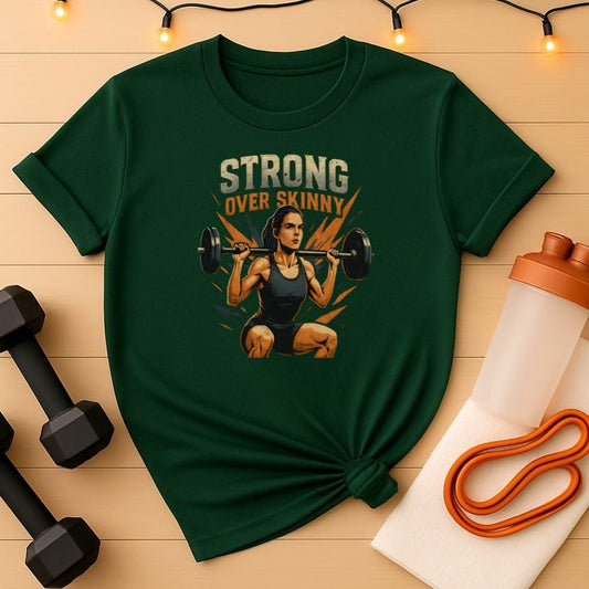 Strong Over Skinny Tee - Barbell Squat Motivational Women's Gym T-Shirt