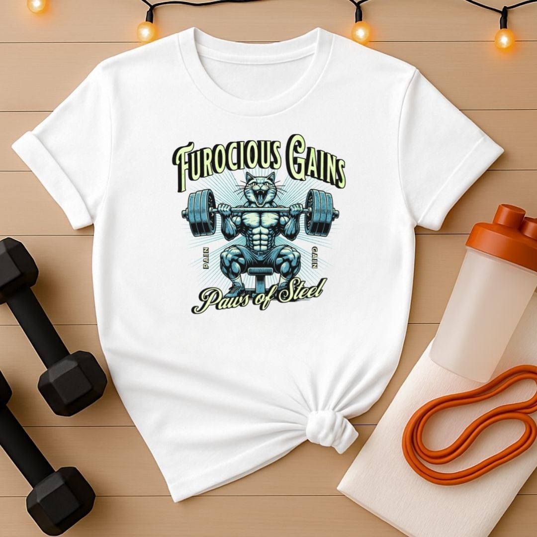 Furocious Gains Paws of Steel Cat Lifting Weights T-Shirt