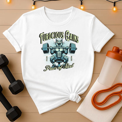 Furocious Gains Paws of Steel Cat Lifting Weights T-Shirt
